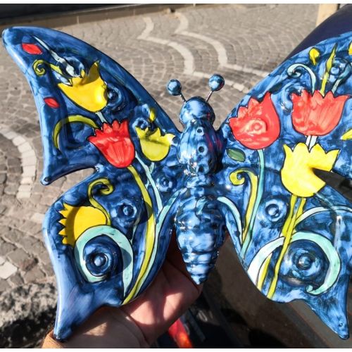Butterfly Blue Background flowers line handpainted Vietri ceramic