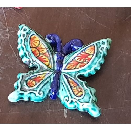 Colorful butterfly Copper green background handpainted Vietri ceramic