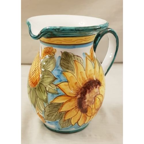 Bulbous Pitcher. Flower Line. Sunflower Decor. Vietri ceramics. Hand-painted.