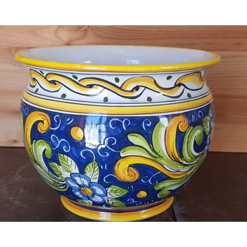 Cachepot Portapianta linea barocco e fiori. Ceramica di Vietri dipinta a mano.