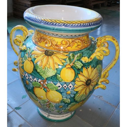 Jar with snake handles Copper green background sunflower...
