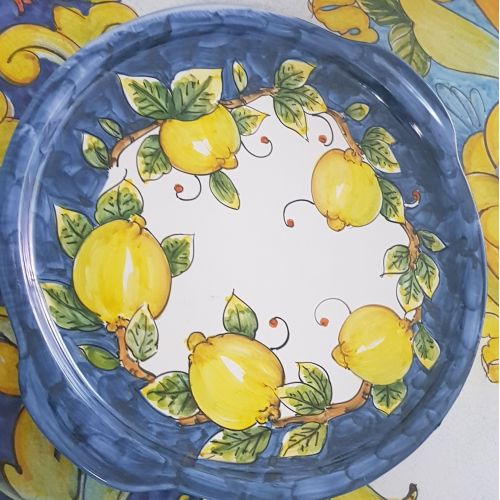 Round tray blu border and lemons line. handpainted Vietri ceramic