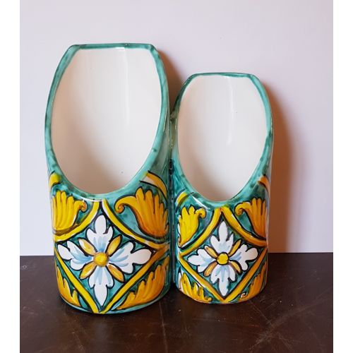 Double glass holder Copper green background. handpainted Vietri ceramic