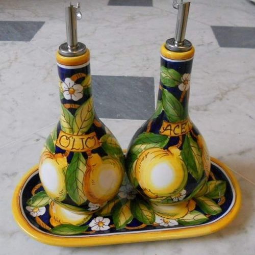 Oil and vinegar set Lemons Line. handpainted Vietri ceramic