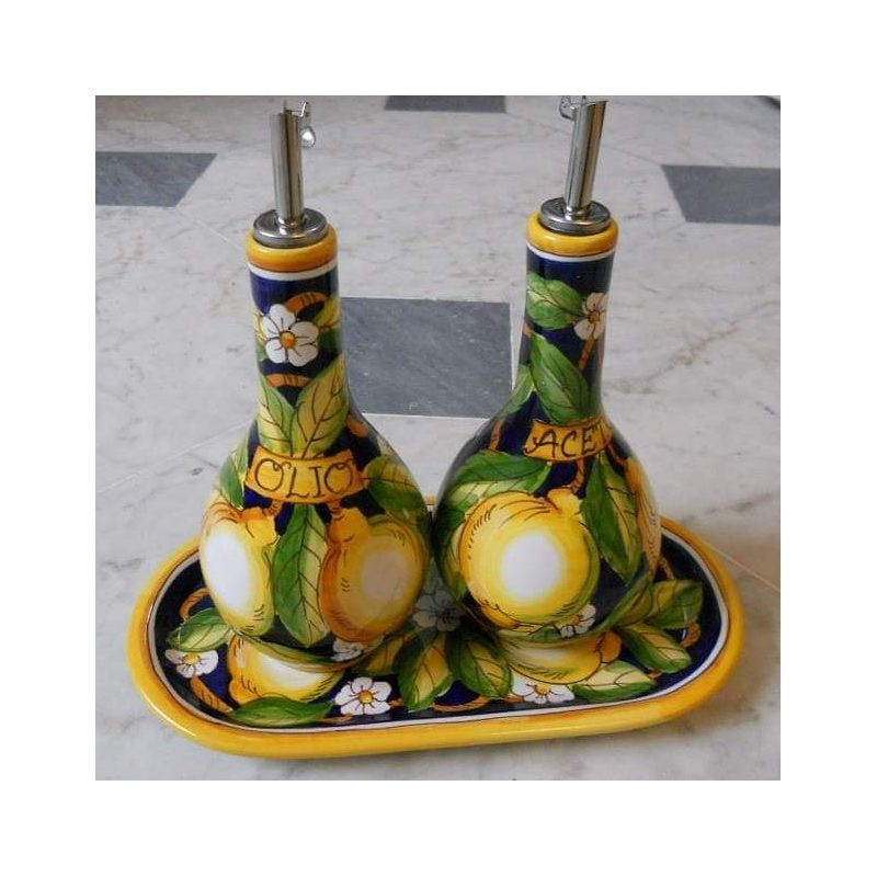 Set olio e aceto decoro limoni. Ceramica di...