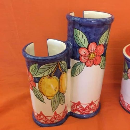 Porta bicchieri doppio Cilindrico bordo Blu. Ceramica di Vietri
