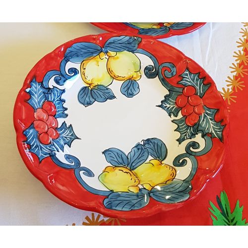 Teller. Weihnachts-Linie. Zitronen und Stechpalmen. Vietri-Keramik. Erhältlich als Speise-, Suppen-, Dessert- oder Platzteller.