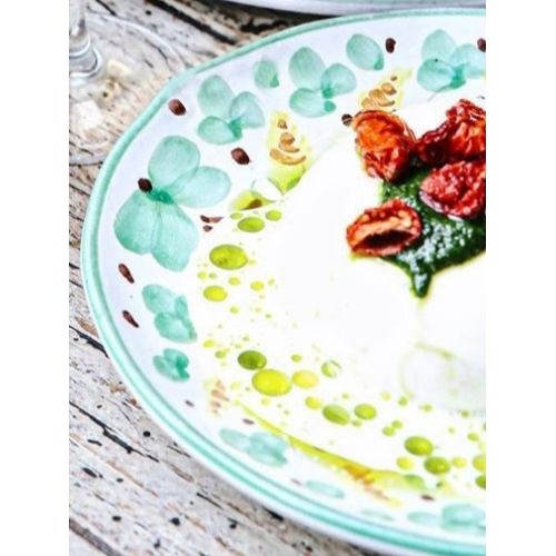 Restaurant Line - handpainted Vietri ceramic. Available soups, dinner, fruit/dessert, placemats, serving dishes.
