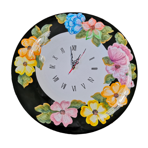 Wall clock. Black rim. Flowers line. Vietri ceramic....