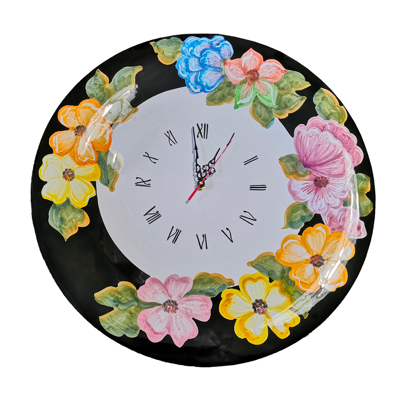 Reloj de pared. Borde negro. Línea Flores....