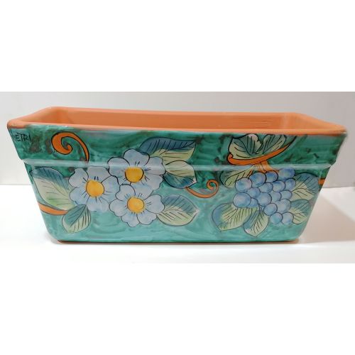 Rectangular Planter. Green Ramina Base with Flowers. Vietri ceramic. Hand-painted.
