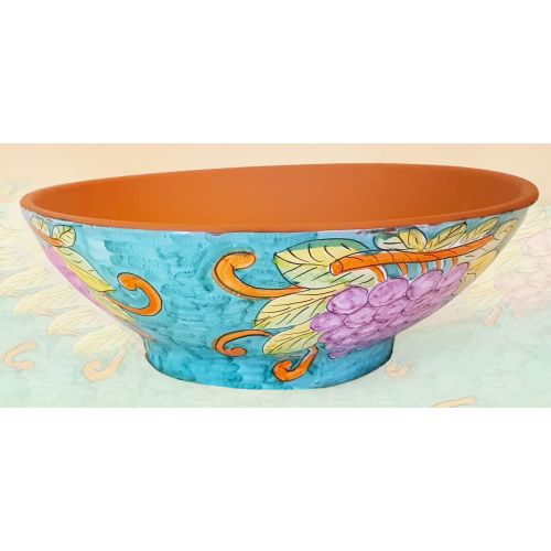 Vase bowl for plants light blue, fruit line  handpainted...