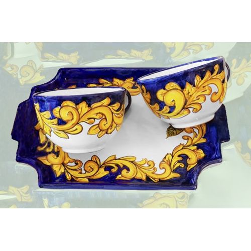 Set of Milk\Tea cups with tray Baroque and Blue Background. handpainted Vietri ceramic