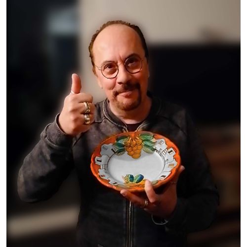Dish, plate house and lemons line orange. handpainted...