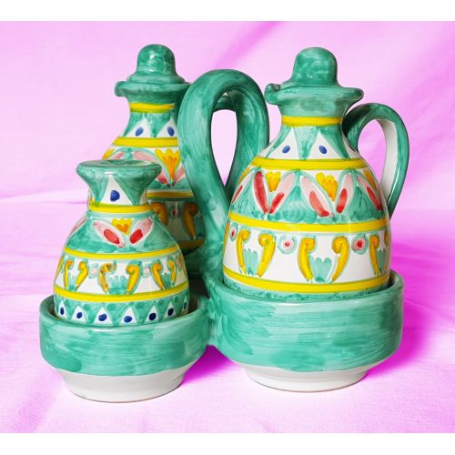 Oil vinegar salt and Pepper Set Green. handpainted Vietri... 2