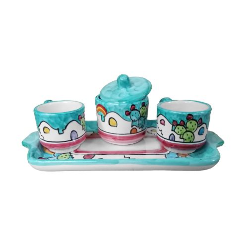 Kaffee-, Tablett- & Zuckerdosen-Set „Tet-à-Tet“ Geschenk. Linie Häuschen. Vietri Keramik. Handbemalt.