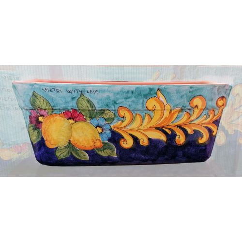 Rectangular Planter. Blue Base with Baroque and Lemons. Vietri ceramic. Hand-painted.
