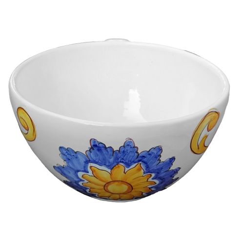 Cup pod holder. Flower and white background. Handpainted Vietri ceramic