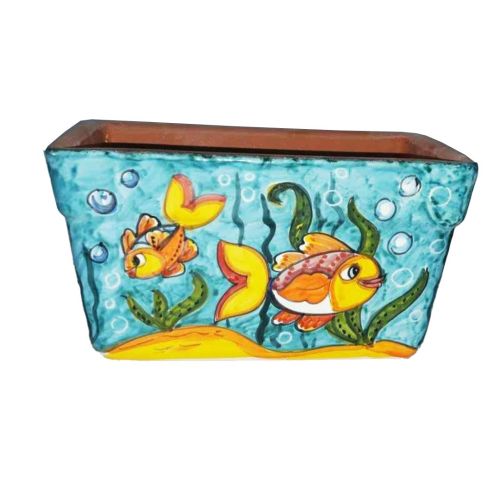 Rectangular Planter. Copper Green Base with Little Fish. Vietri ceramic. Hand-painted.