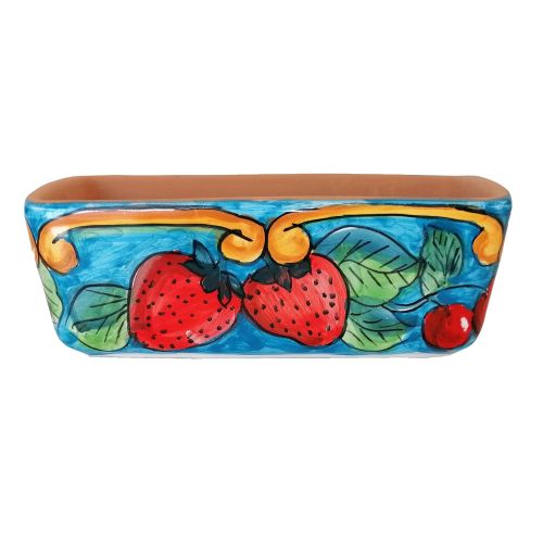 Mini rectangular planter. Strawberries. Vietri ceramic. Hand-painted.