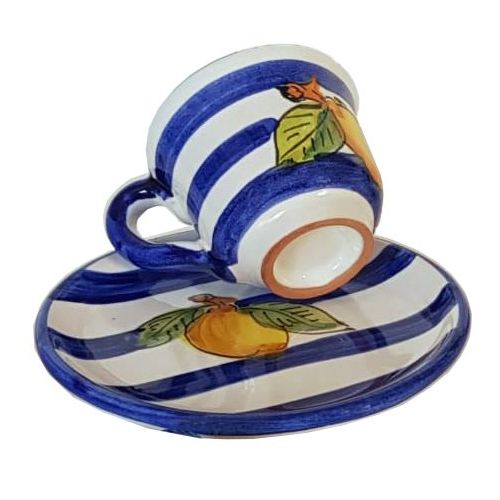 Coffee cup with saucer. Stripes and Lemons line. Vietri ceramic. Hand-painted.