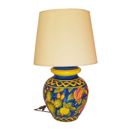 Lume decoro frutta fondo Blu. Ceramica di Vietri dipinta a mano.