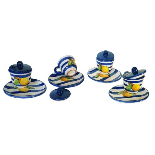Coffee cup with saucer and lid. Stripes and Lemons Line....
