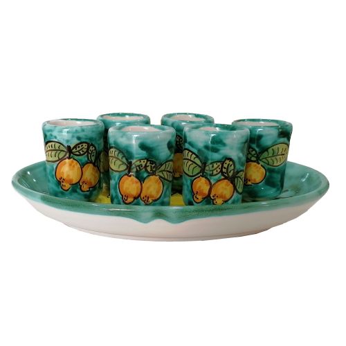 Set Limoncello. vassoietto e 6 bicchieri. Linea Limoni. Ceramica di Vietri. Dipinta a mano.