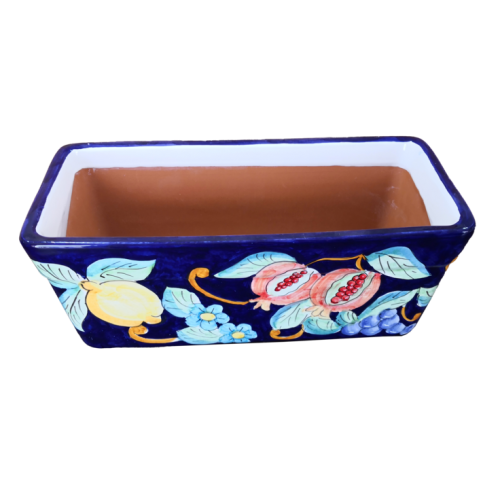 Rectangular Planter – Blue Base with Lemons and Pomegranates. Vietri ceramic. Hand-painted