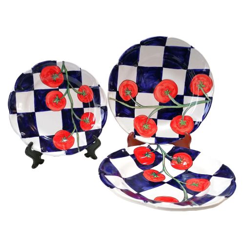 Dish, plate coloured lines line, squared blue tomato....
