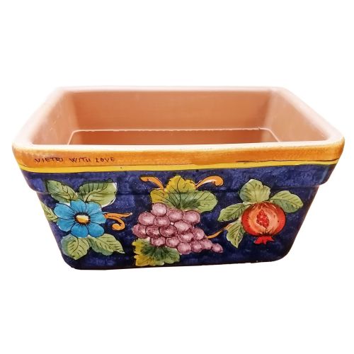 Rectangular Planter. Blue Base with Flowers and Fruit. Vietri ceramic. Hand-painted.