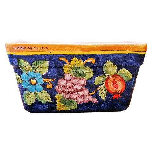 Rectangular Planter. Blue Base with Flowers and Fruit....