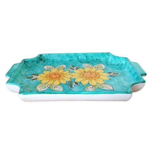Rectangular tray Copper green background sunflower. handpainted Vietri ceramic