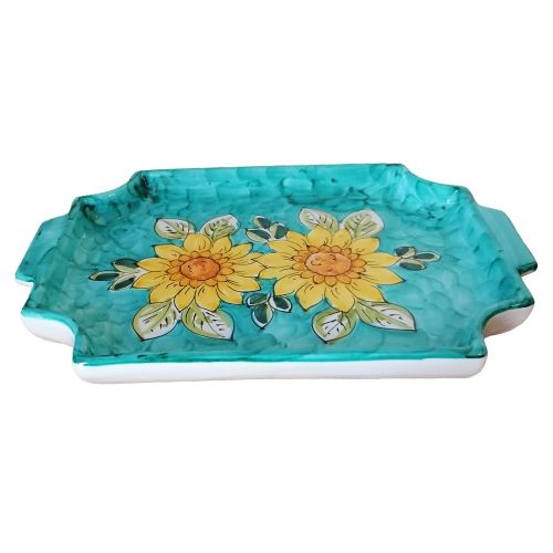 Rectangular tray Copper green background sunflower. handpainted Vietri ceramic