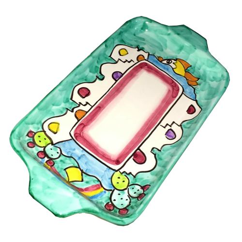 Rectangular tray Copper green background Houses....