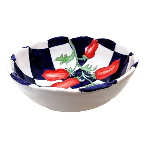 Scalloped deep salad bowl. Stripes line. Checks &...