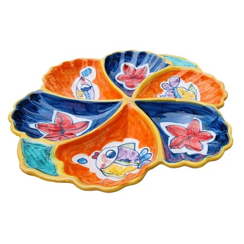 Appetizer dish. Cold dinner. 6 sections. Shell shape. Vietri ceramic. Hand-painted.