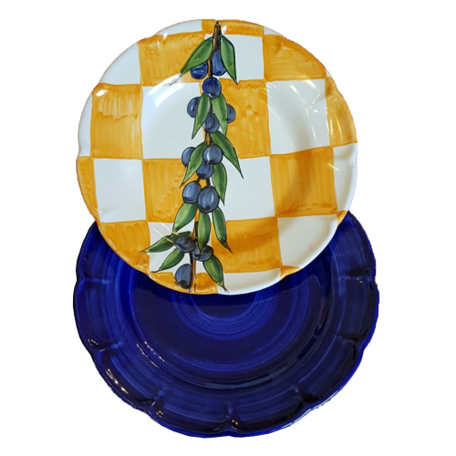 Dishes, Plates handpainted Vietri ceramic Stripes and olive line brushed blue - Bis  Soup and dinner plate
