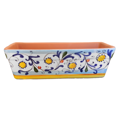 Rectangular Planter. White-Blue Base with Small Flowers....