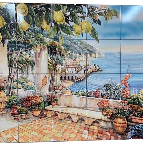 Wall Panel. Terrace with Lemons. Hand-Painted Vietri Ceramics.