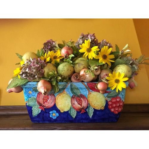 Rectangular Planter. Copper Green and Blue Base with Fruits. Vietri ceramic. Hand-painted.