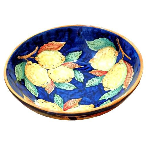 Smooth cup, soup plate, bowl. Salad bowl. Lemons line, blue background. Vietri ceramics. Hand-painted.