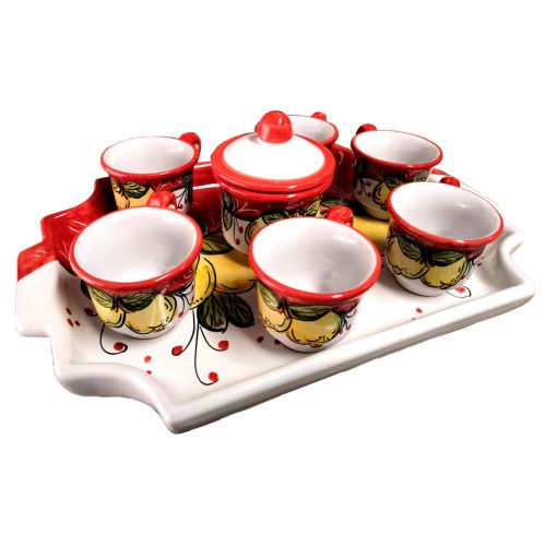Tray with 6 cups and sugar bowl. Lemons line. Vietri...