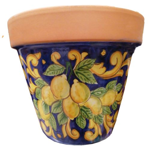 Conical pot for plants BLue background lemons and...