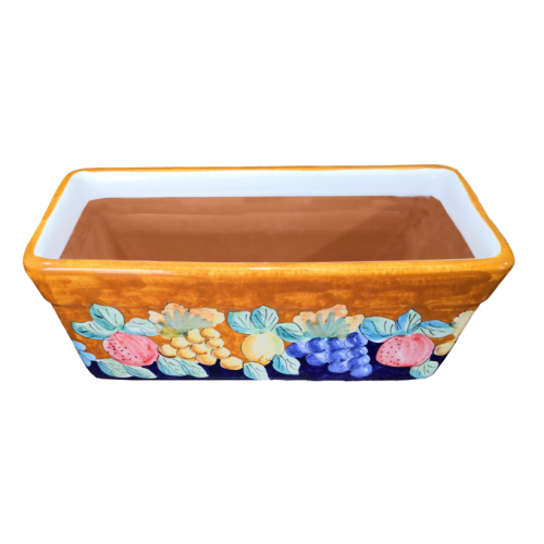 Jardinera rectangular. Fondo naranja con flores, uvas y...