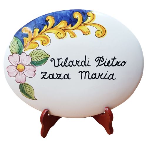 Plaque ovale personnalisable. Ligne Fleurs et Baroque. Céramique de Vietri. Peinte à la main.