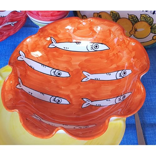 Bowl wave border sardines line orange. handpainted Vietri ceramic. dinner, fruit/dessert underplate