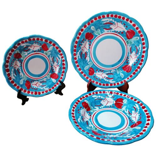 Service de table. Ligne animaux. Céramique de Vietri. Peint à la main. Comprend 1 assiette plate, 1 creuse, 1 dessert