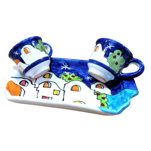 Kaffee-Tassen- und Tablett-Set „Tet-a-Tet“ Geschenk. Linie Häuschen. Vietri Keramik.