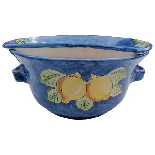 Mozzarella Cheese Pot blue border and lemons line - handpainted Vietri ceramic